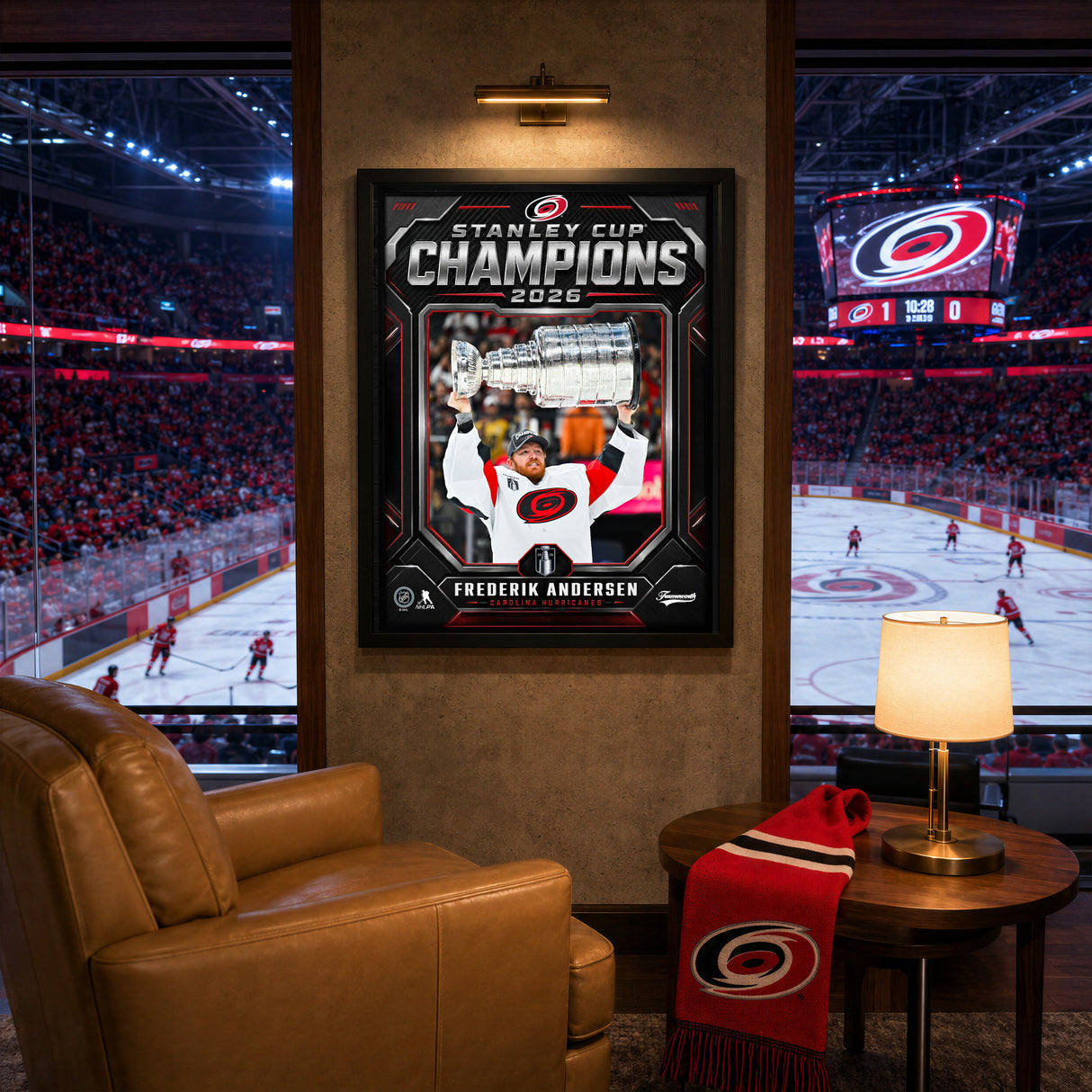 Frederik Andersen 16x20 PhotoGlass Frame Carolina Hurricanes 2026 Stanley Cup Champions Shield Design lifestyle 5 image
