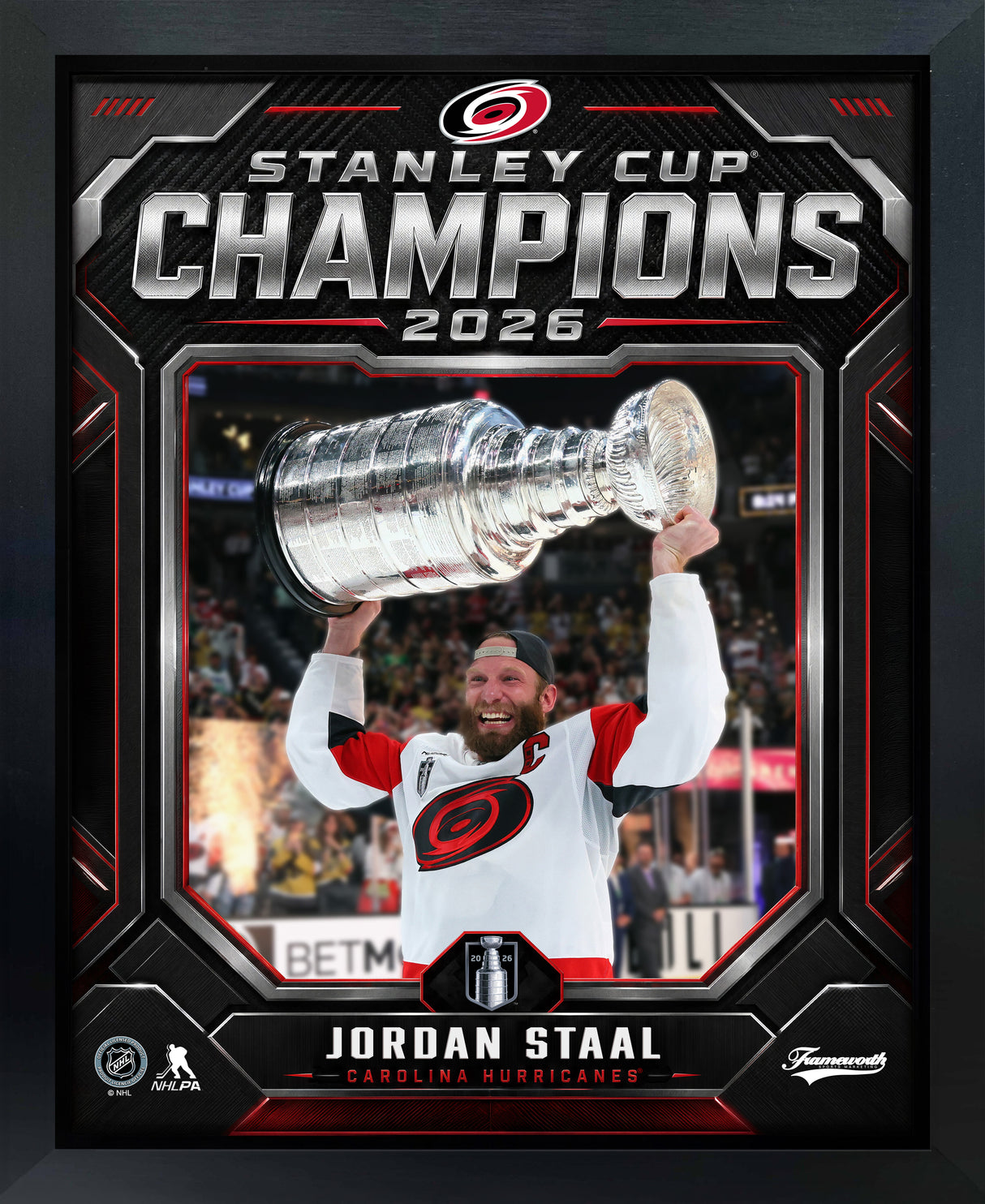 Jordan Staal 16x20 PhotoGlass Frame Carolina Hurricanes 2026 Stanley Cup Champions Shield Design framed product image