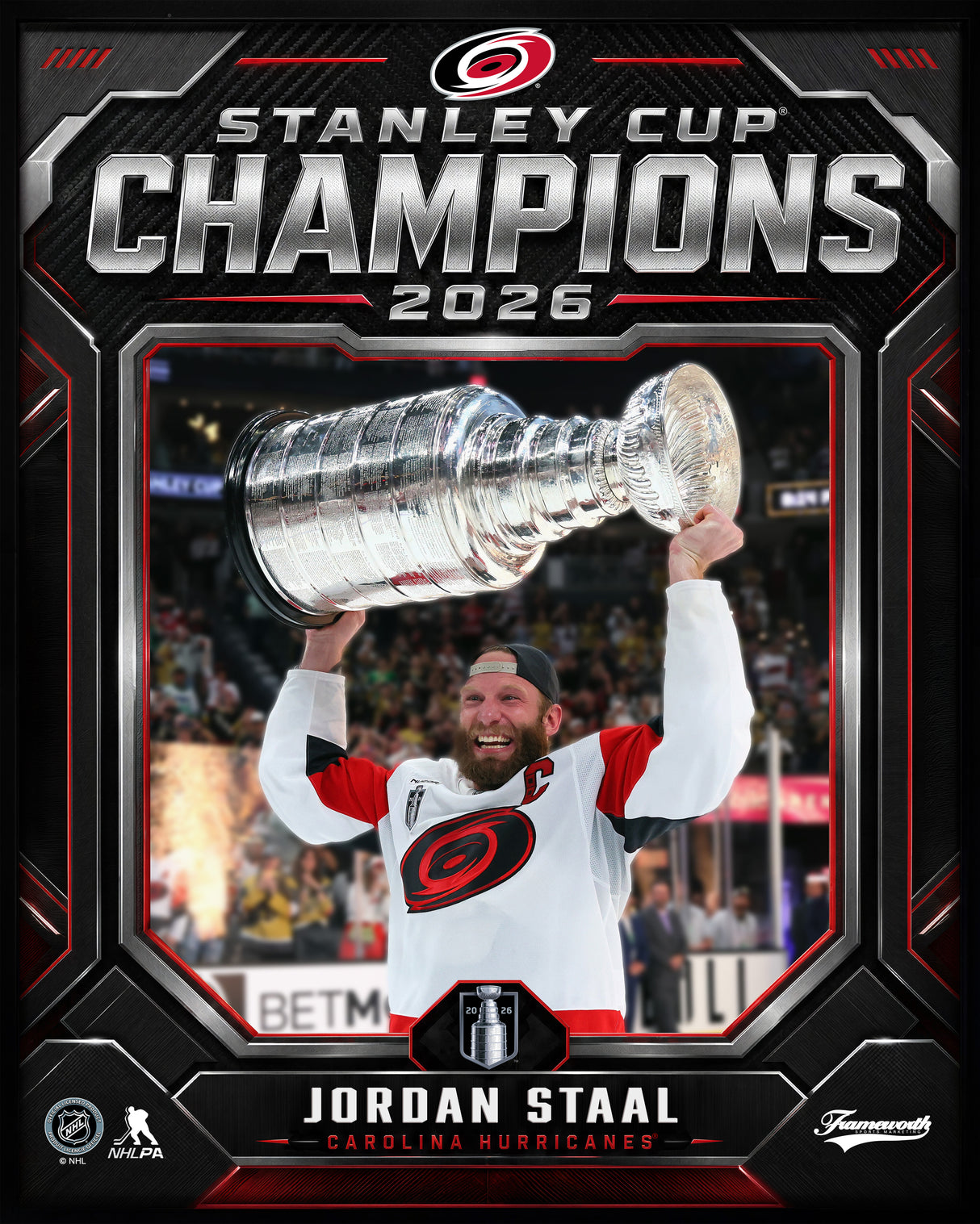 Jordan Staal 16x20 PhotoGlass Frame Carolina Hurricanes 2026 Stanley Cup Champions Shield Design flat design image