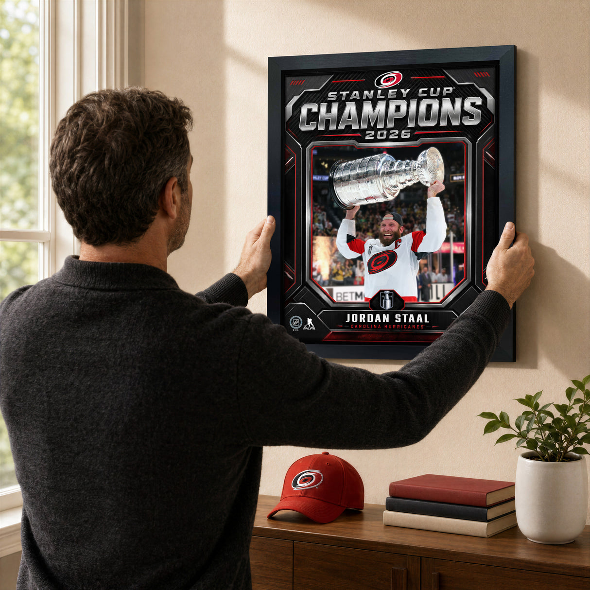 Jordan Staal 16x20 PhotoGlass Frame Carolina Hurricanes 2026 Stanley Cup Champions Shield Design lifestyle 2 image