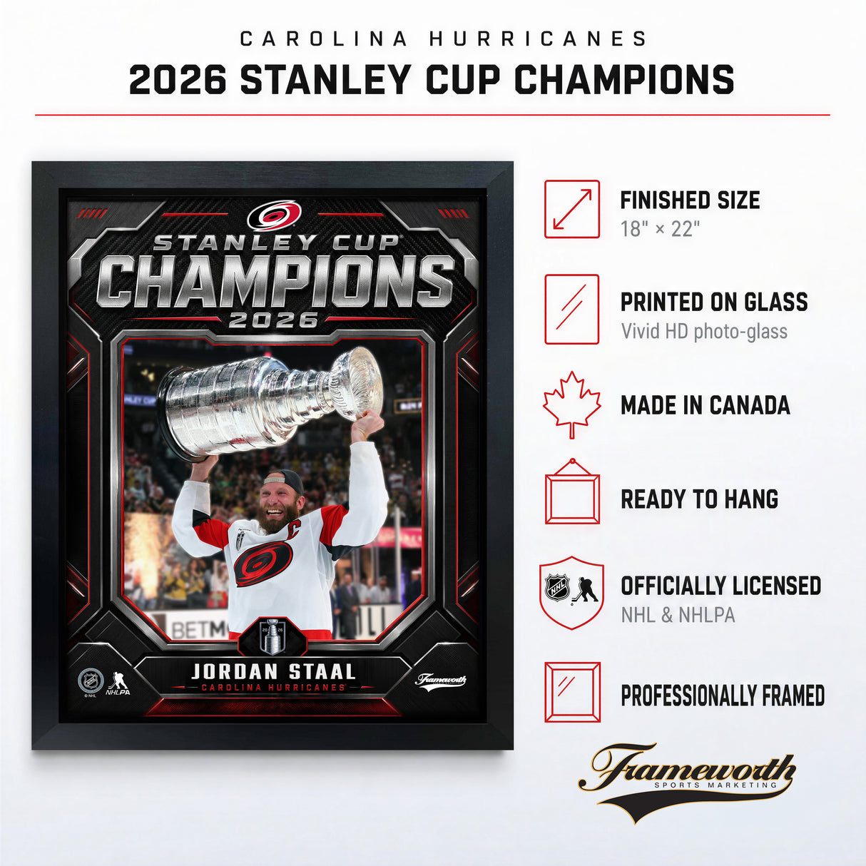 Jordan Staal 16x20 PhotoGlass Frame Carolina Hurricanes 2026 Stanley Cup Champions Shield Design lifestyle 4 image