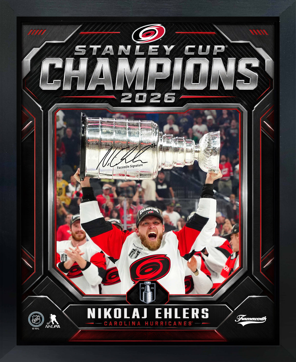 Nikolaj Ehlers 16x20 PhotoGlass Frame Carolina Hurricanes 2026 Stanley Cup Champions Shield Design Facsimile Signature Edition framed product image