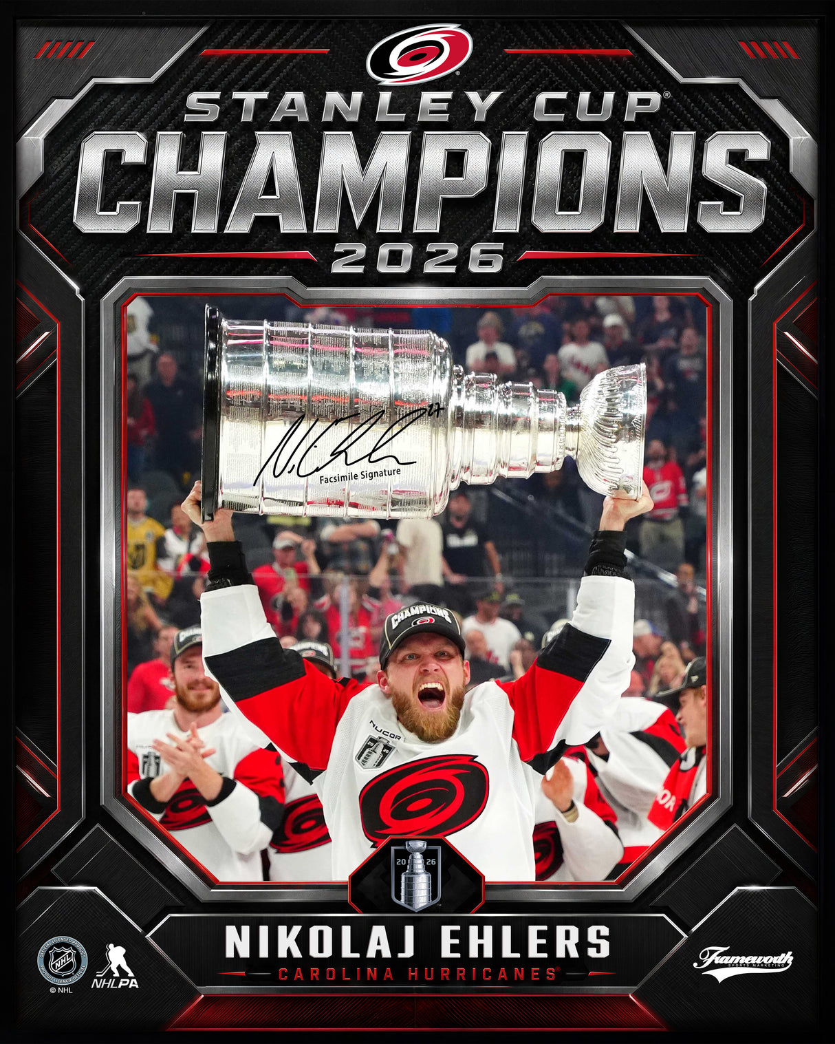 Nikolaj Ehlers 16x20 PhotoGlass Frame Carolina Hurricanes 2026 Stanley Cup Champions Shield Design Facsimile Signature Edition flat design image