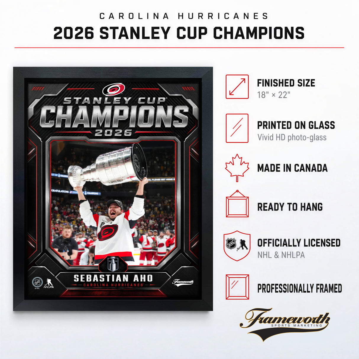 Sebastian Aho 16x20 PhotoGlass Frame Carolina Hurricanes 2026 Stanley Cup Champions Shield Design lifestyle 4 image