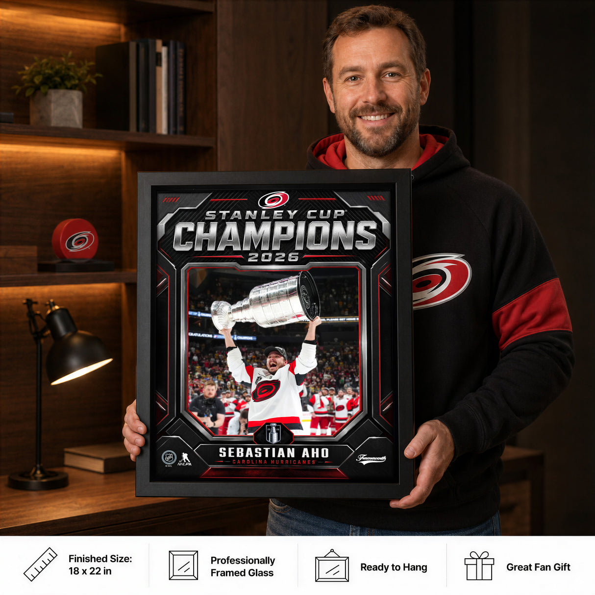 Sebastian Aho 16x20 PhotoGlass Frame Carolina Hurricanes 2026 Stanley Cup Champions Shield Design lifestyle 6 image
