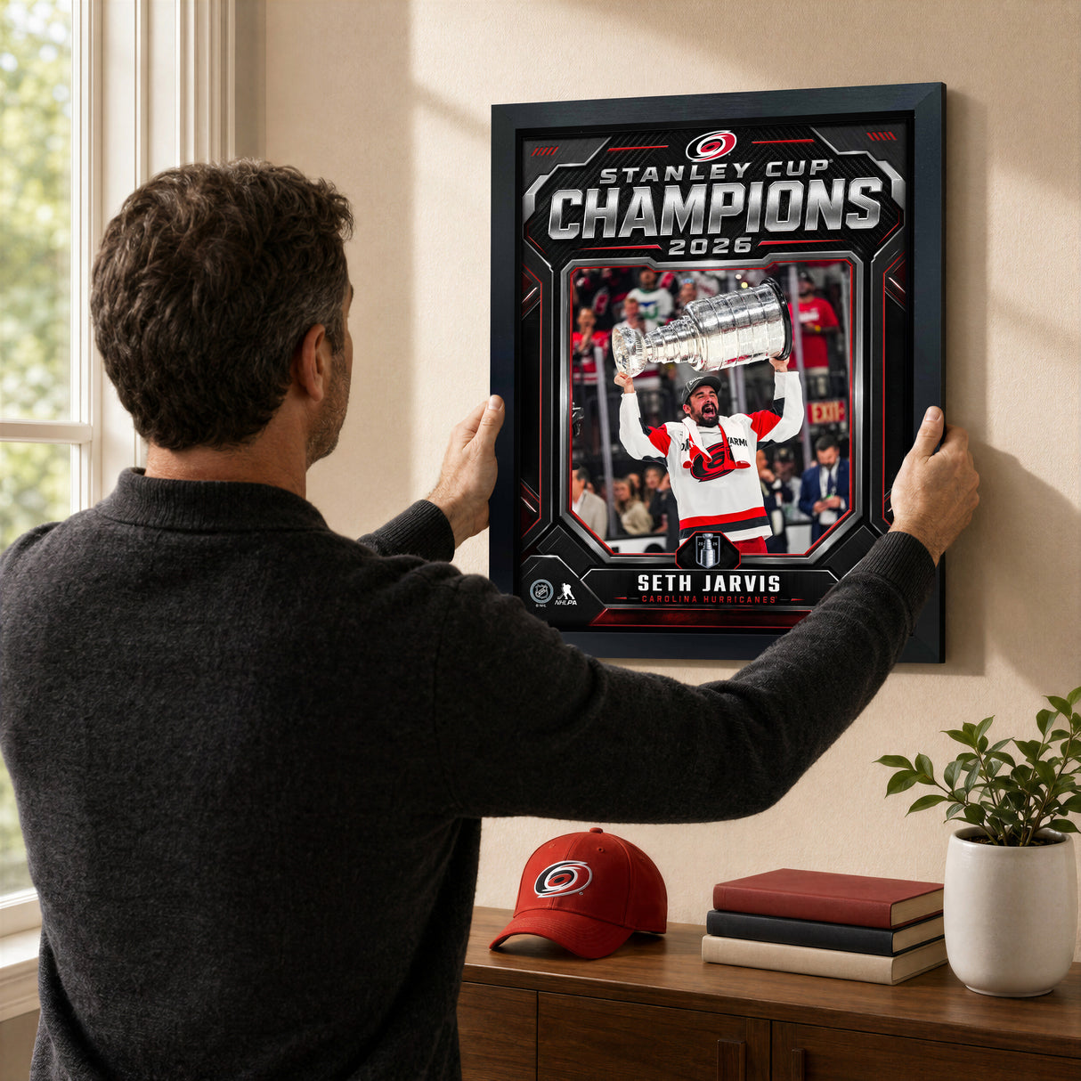 Seth Jarvis 16x20 PhotoGlass Frame Carolina Hurricanes 2026 Stanley Cup Champions Shield Design lifestyle 2 image