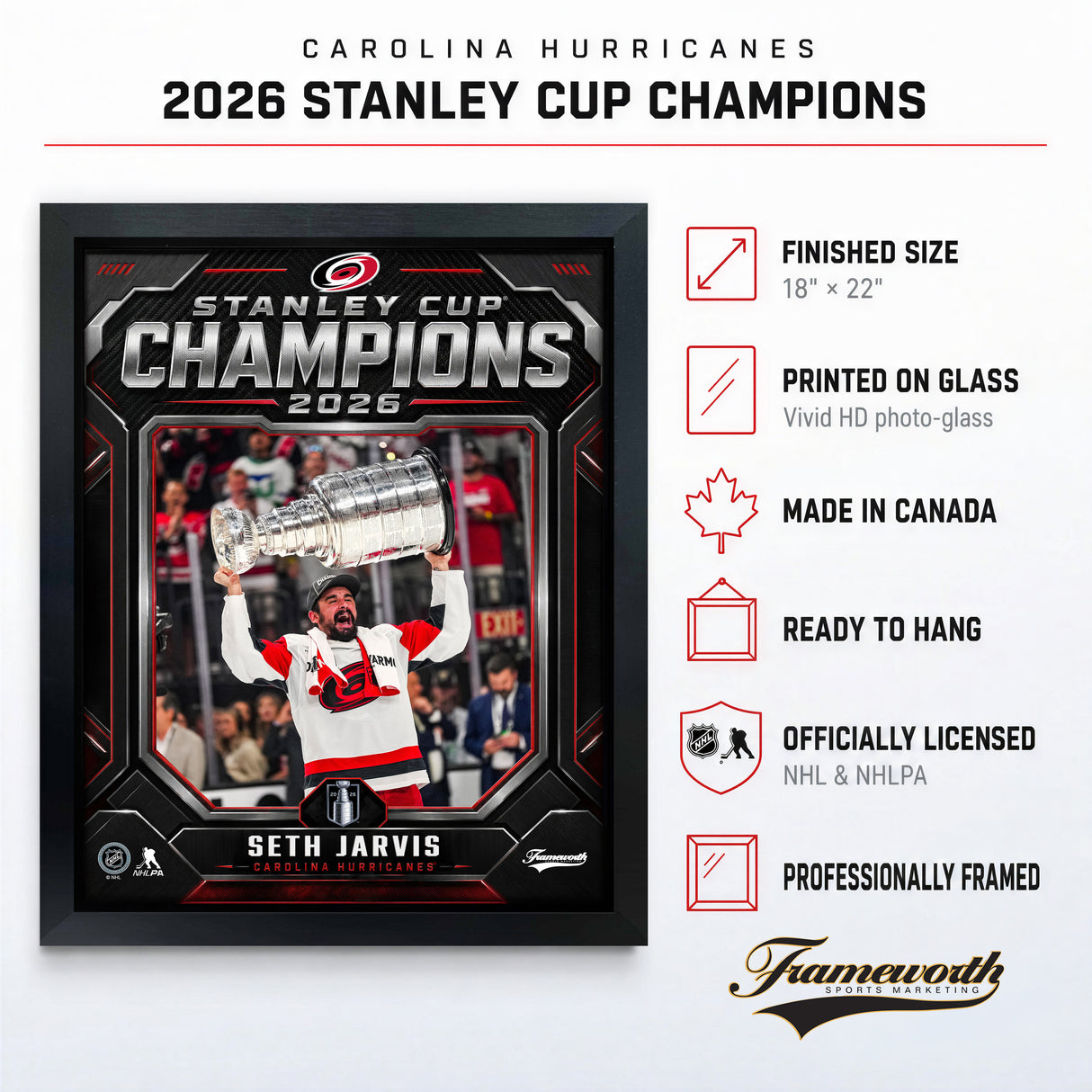 Seth Jarvis 16x20 PhotoGlass Frame Carolina Hurricanes 2026 Stanley Cup Champions Shield Design lifestyle 4 image