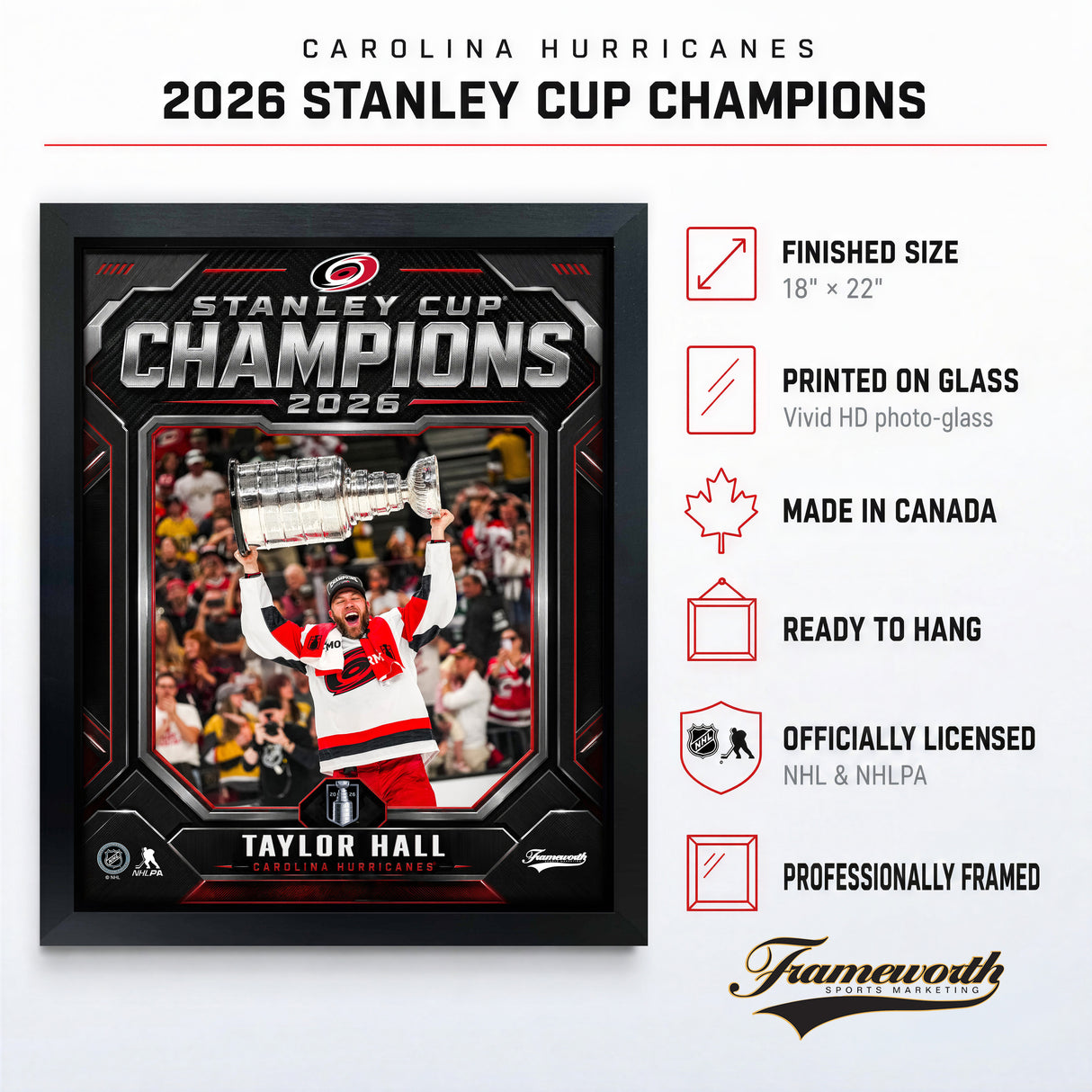 Taylor Hall 16x20 PhotoGlass Frame Carolina Hurricanes 2026 Stanley Cup Champions Shield Design lifestyle 4 image