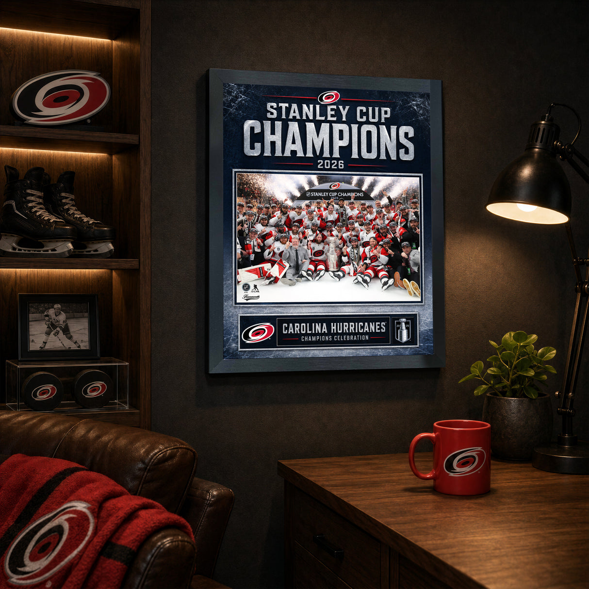 Carolina Hurricanes 2026 Stanley Cup Champions Ice Design PhotoGlass frame displayed in a fan room