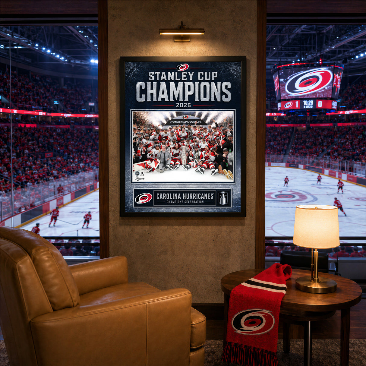 Carolina Hurricanes 16x20 PhotoGlass Frame 2026 Stanley Cup Champions Ice Design displayed in a hockey fan room