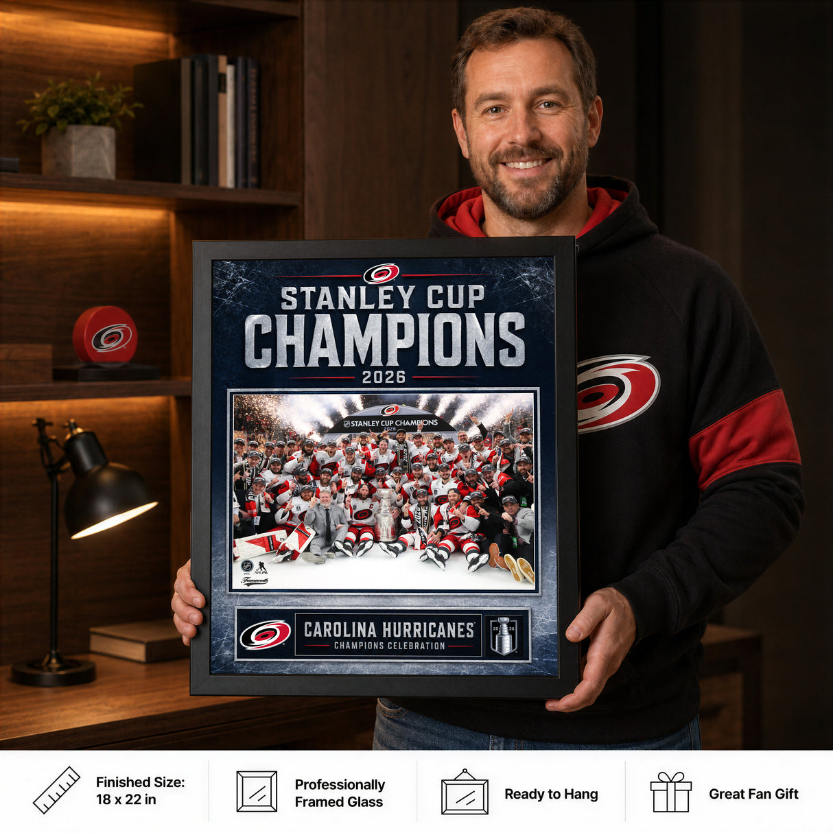 Carolina Hurricanes 16x20 PhotoGlass Frame 2026 Stanley Cup Champions Ice Design held as framed Carolina Hurricanes wall art