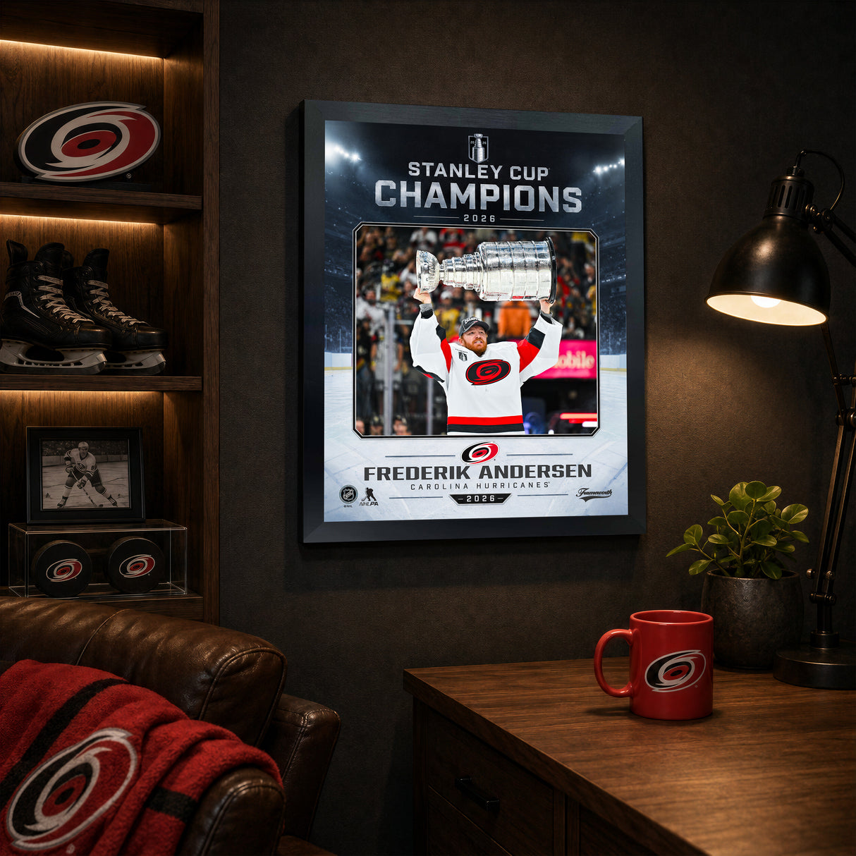 Frederik Andersen Ice Design 16x20 PhotoGlass frame Carolina Hurricanes 2026 Stanley Cup Champions displayed in a fan room