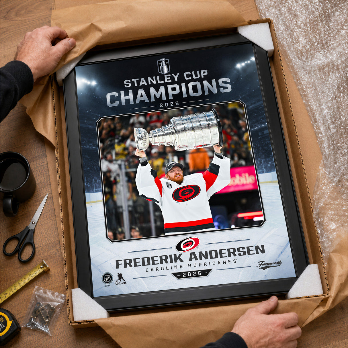 Frederik Andersen 16x20 PhotoGlass Frame Carolina Hurricanes 2026 Stanley Cup Champions Ice Design unboxed framed PhotoGlass detail