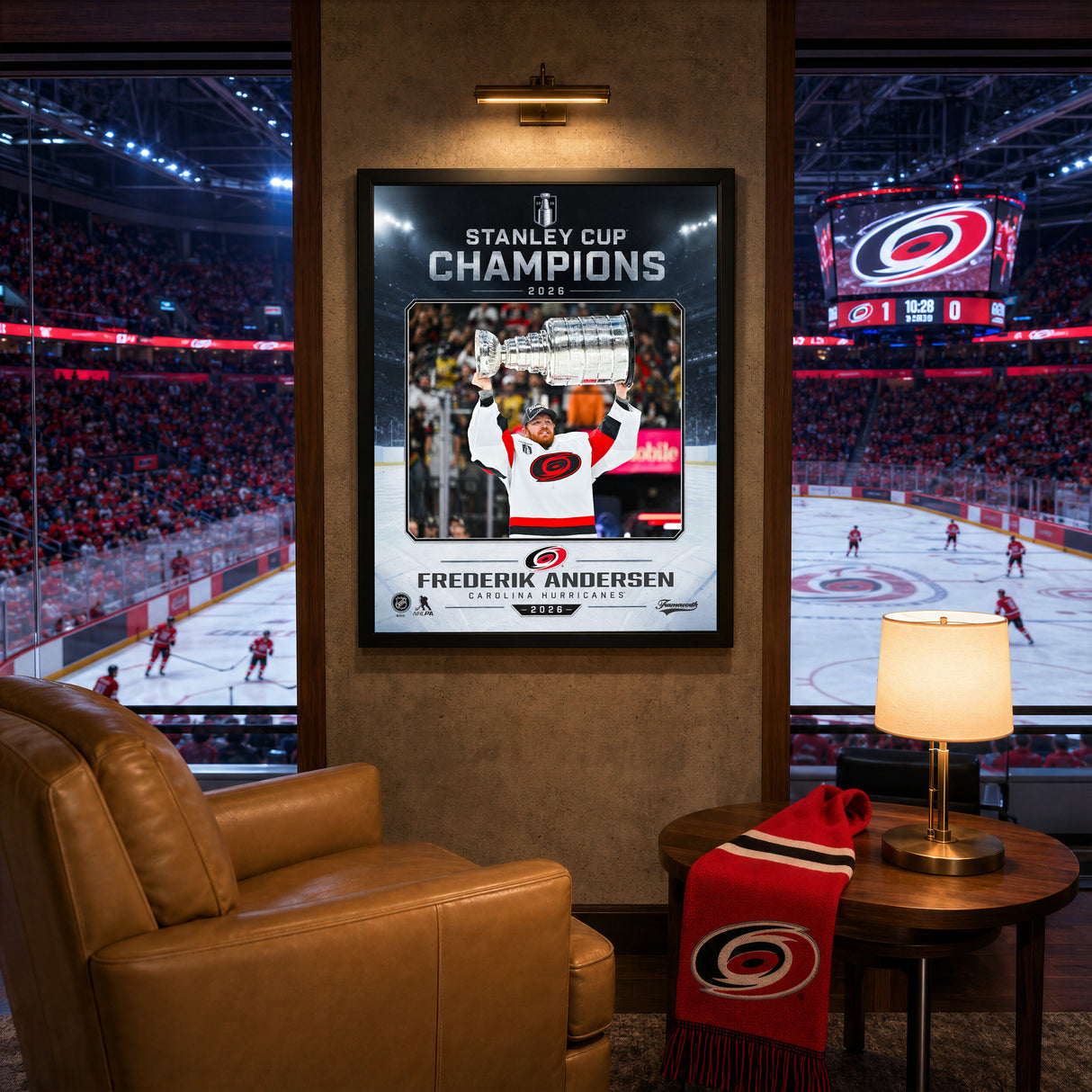 Frederik Andersen 16x20 PhotoGlass Frame Carolina Hurricanes 2026 Stanley Cup Champions Ice Design displayed in a hockey fan room