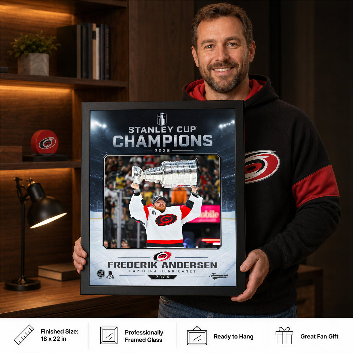 Frederik Andersen 16x20 PhotoGlass Frame Carolina Hurricanes 2026 Stanley Cup Champions Ice Design held as framed Carolina Hurricanes wall art