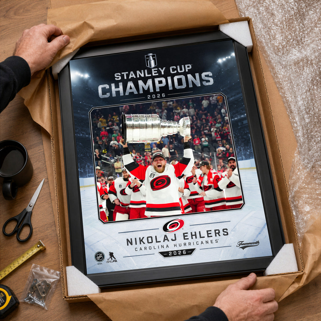 Nikolaj Ehlers 16x20 PhotoGlass Frame Carolina Hurricanes 2026 Stanley Cup Champions Ice Design unboxed framed PhotoGlass detail