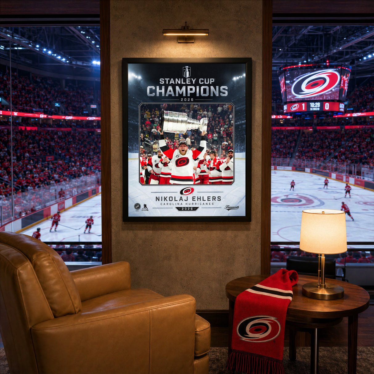 Nikolaj Ehlers 16x20 PhotoGlass Frame Carolina Hurricanes 2026 Stanley Cup Champions Ice Design displayed in a hockey fan room