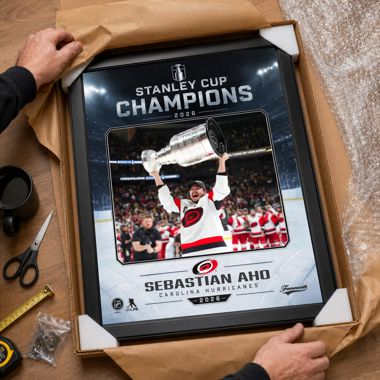 Sebastian Aho 16x20 PhotoGlass Frame Carolina Hurricanes 2026 Stanley Cup Champions Ice Design unboxed framed PhotoGlass detail