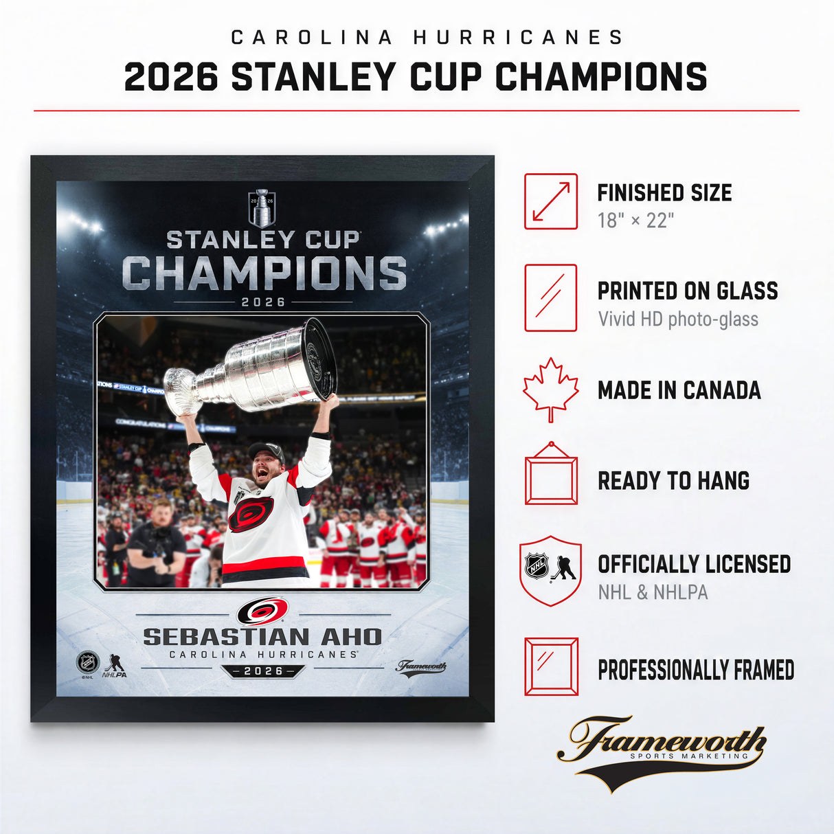 Sebastian Aho 16x20 PhotoGlass Frame Carolina Hurricanes 2026 Stanley Cup Champions Ice Design PhotoGlass product features and dimensions