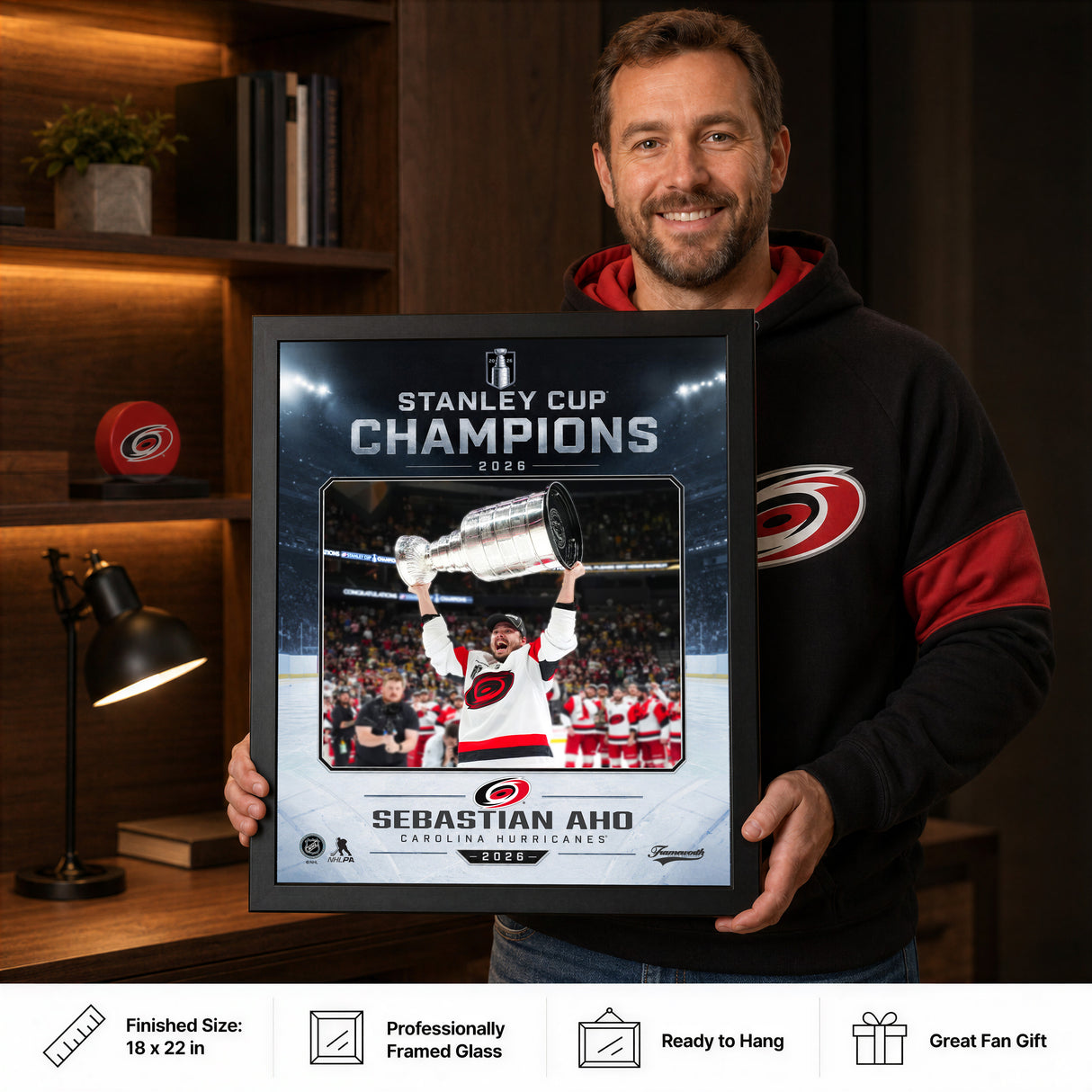 Sebastian Aho 16x20 PhotoGlass Frame Carolina Hurricanes 2026 Stanley Cup Champions Ice Design held as framed Carolina Hurricanes wall art