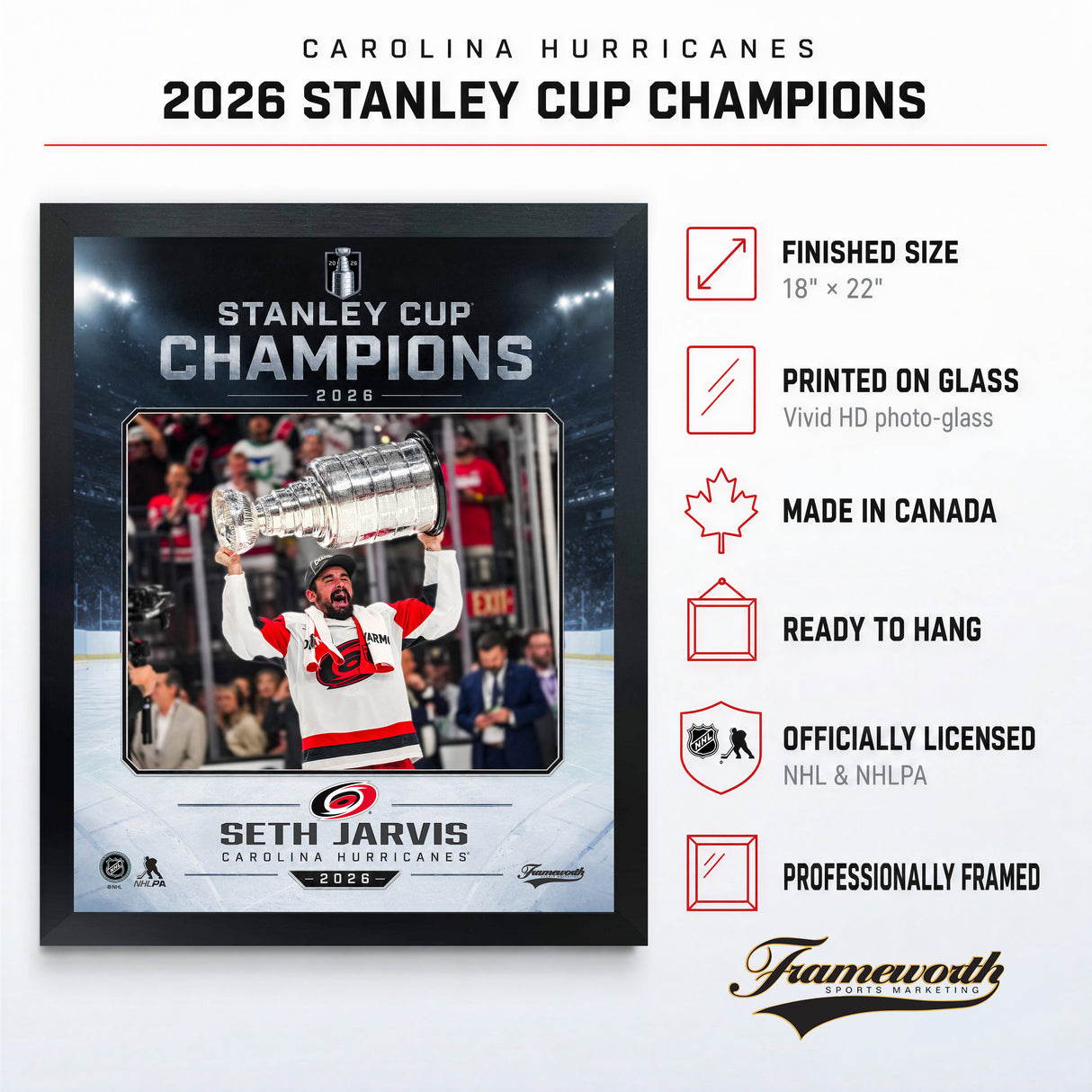 Seth Jarvis 16x20 PhotoGlass Frame Carolina Hurricanes 2026 Stanley Cup Champions Ice Design PhotoGlass product features and dimensions