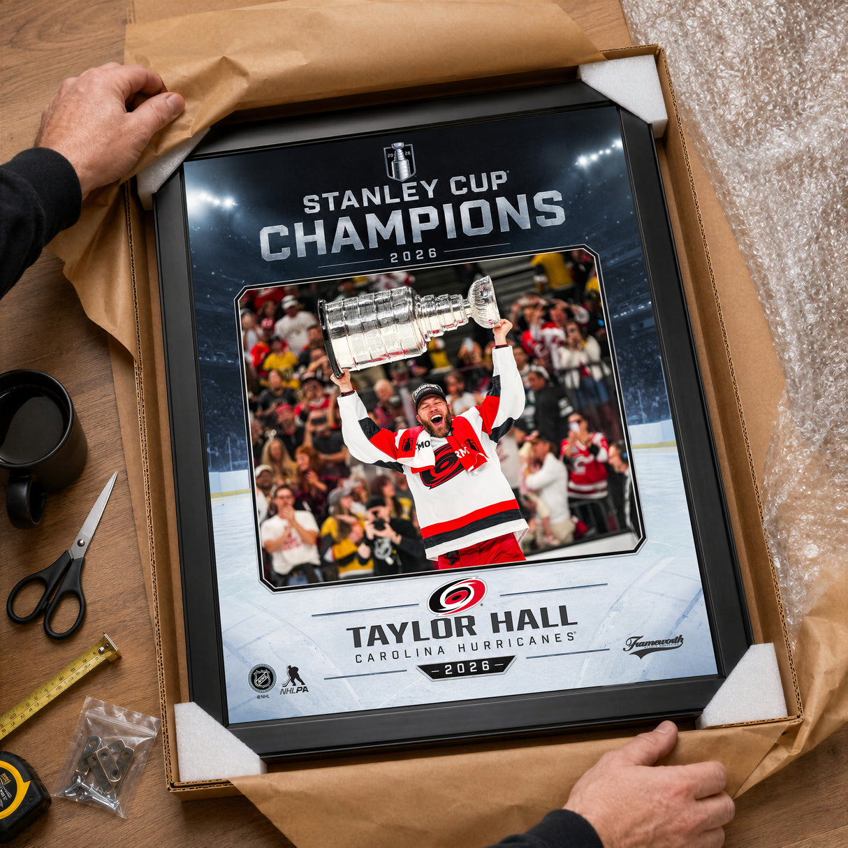 Taylor Hall 16x20 PhotoGlass Frame Carolina Hurricanes 2026 Stanley Cup Champions Ice Design unboxed framed PhotoGlass detail