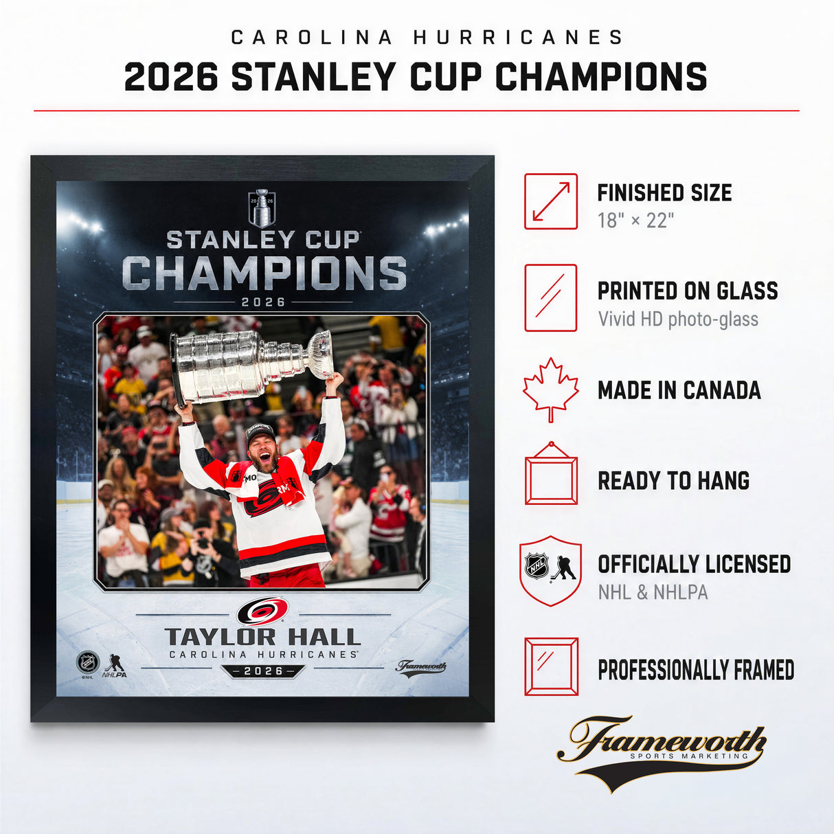 Taylor Hall 16x20 PhotoGlass Frame Carolina Hurricanes 2026 Stanley Cup Champions Ice Design PhotoGlass product features and dimensions