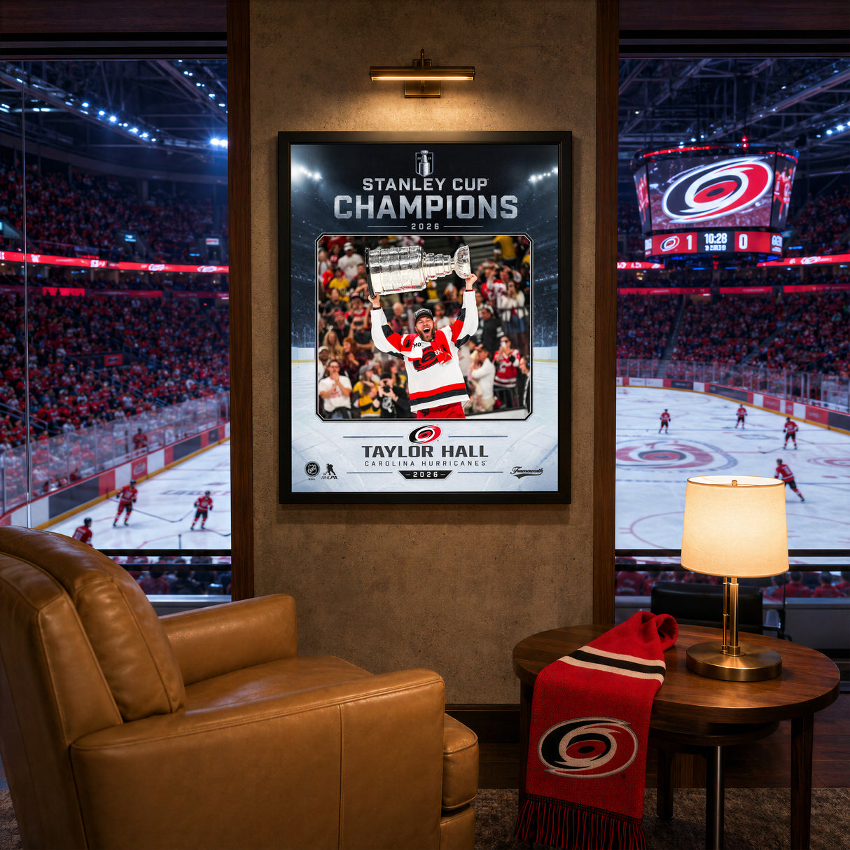 Taylor Hall 16x20 PhotoGlass Frame Carolina Hurricanes 2026 Stanley Cup Champions Ice Design displayed in a hockey fan room
