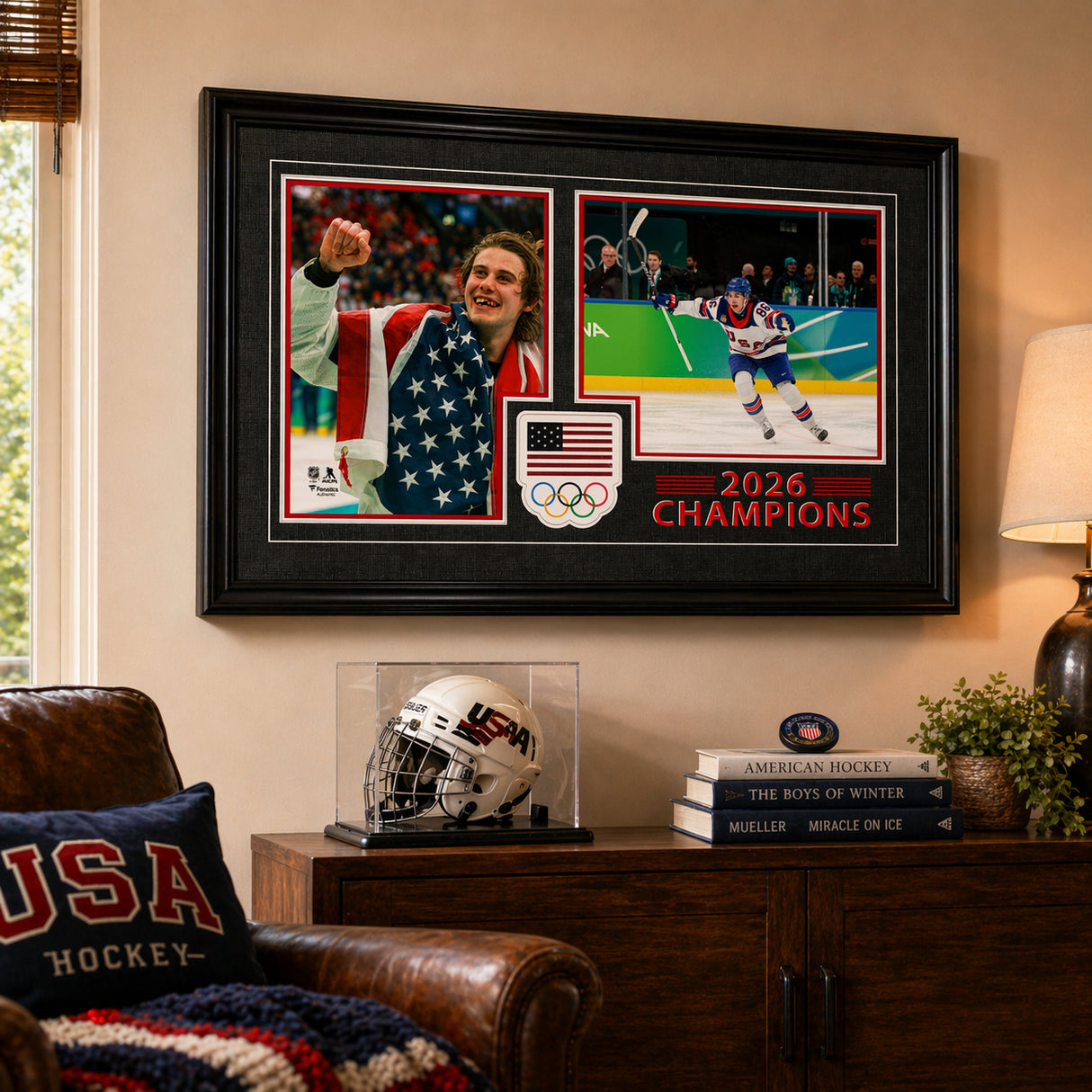 Jack Hughes Team USA 2026 Winter Olympics Golden Goal Celebration Collage Frame 15x24