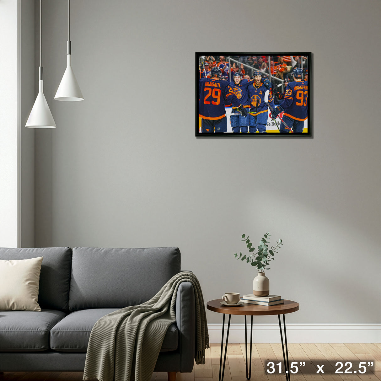Leon Draisaitl Connor McDavid Darnell Nurse and Ryan Nugent-Hopkins 20x29 Framed Canvas Oilers Celebration-H – Detail – Frameworth