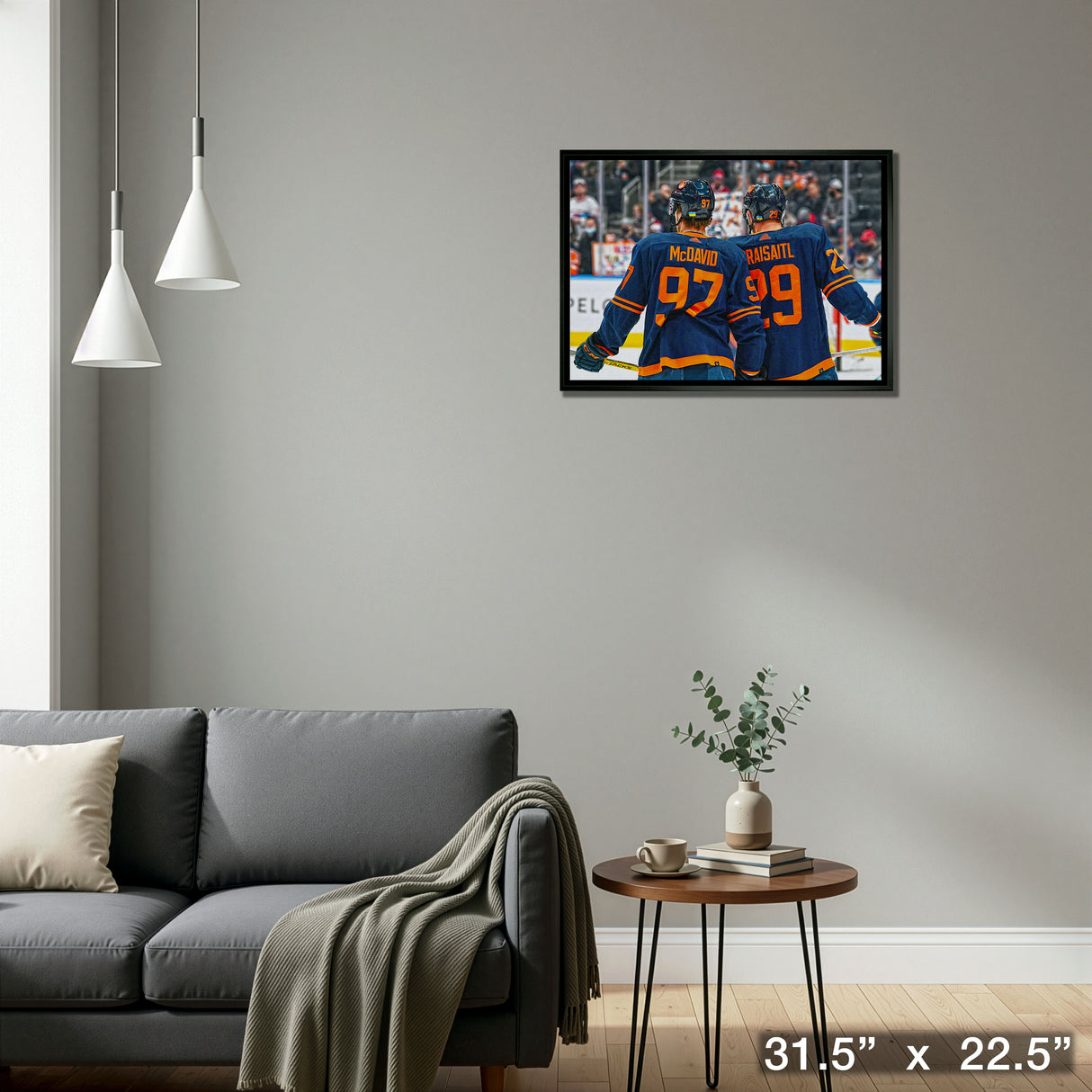 Connor McDavid and Leon Draisaitl 20x29 Framed Canvas Oilers Alternate Jersey Behind-H – Detail – Frameworth