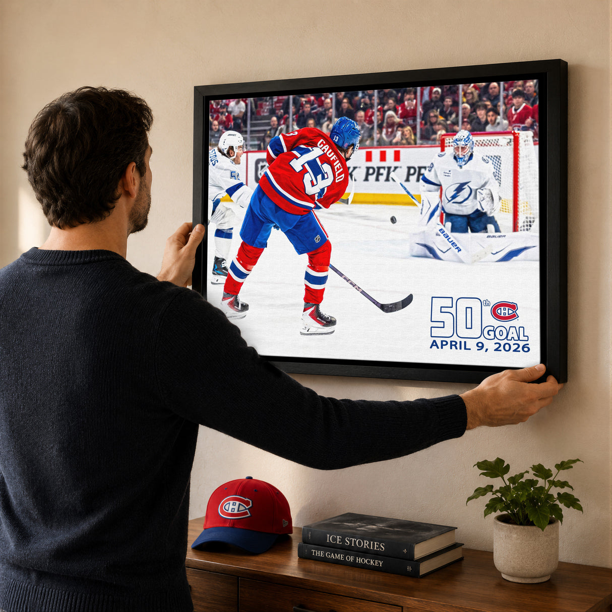 Cole Caufield 20x29 Canvas Framed Montreal Canadiens 50th Goal 2026 NHL Regular Season - lifestyle 1