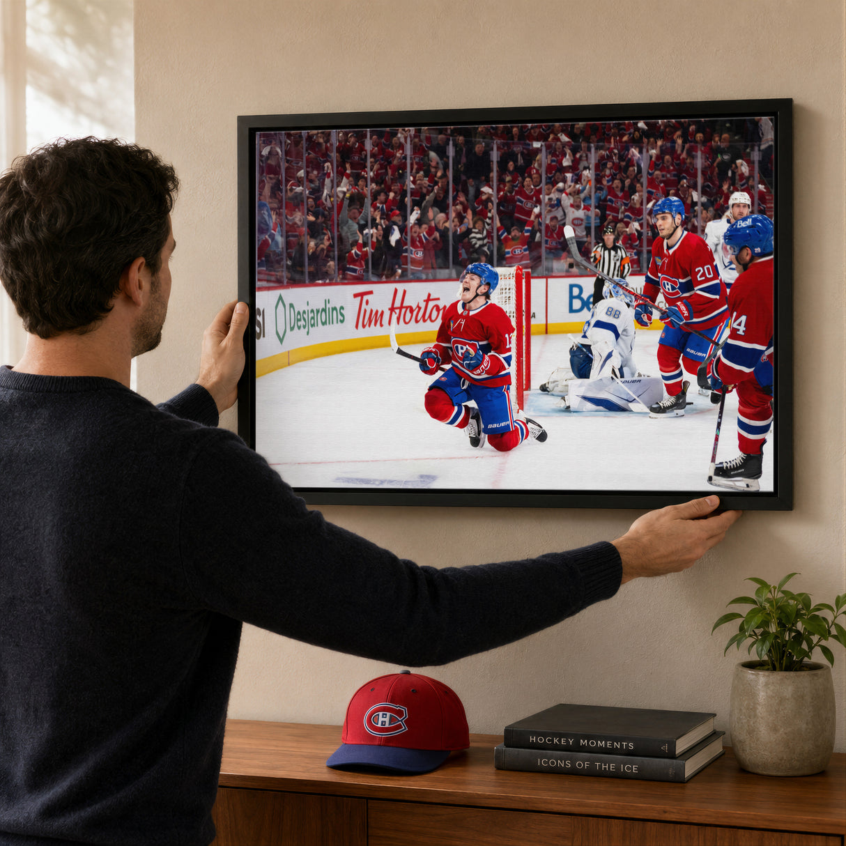 Cole Caufield 20x29 Canvas Framed Montreal Canadiens 2026 NHL Playoffs Goal Celebration - lifestyle 1