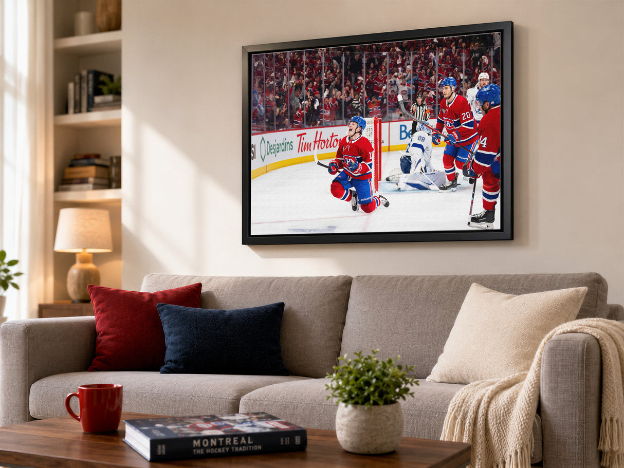 Cole Caufield 20x29 Canvas Framed Montreal Canadiens 2026 NHL Playoffs Goal Celebration - lifestyle 3