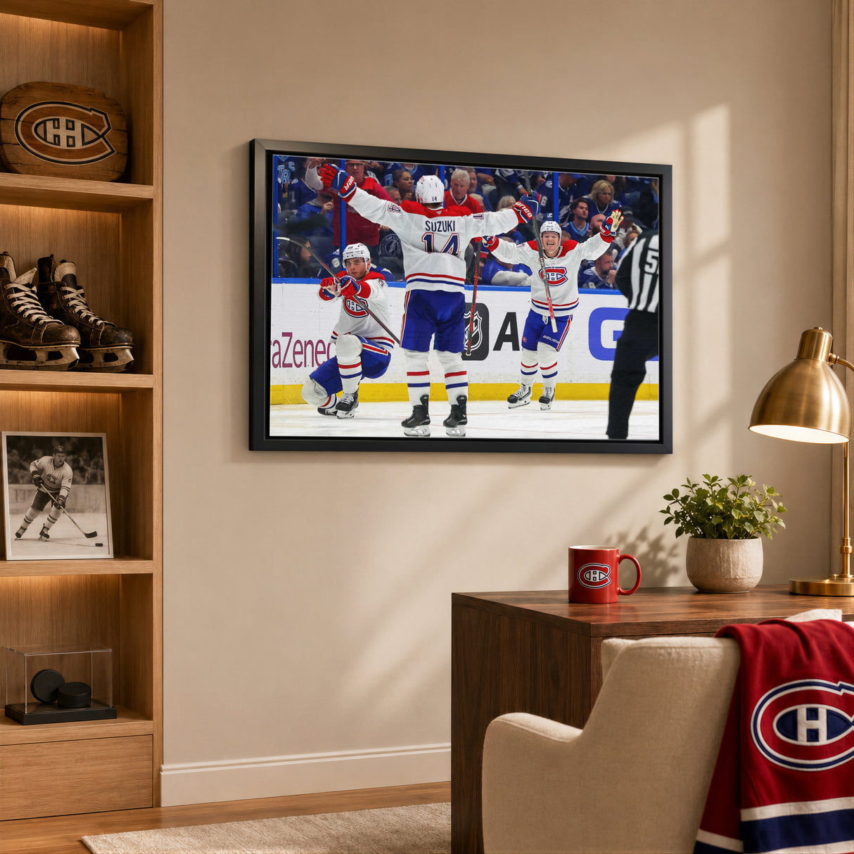 Juraj Slafkovsky 20x29 Canvas Framed Montreal Canadiens 2026 NHL Playoffs First Career Hat Trick Celebration - lifestyle 2