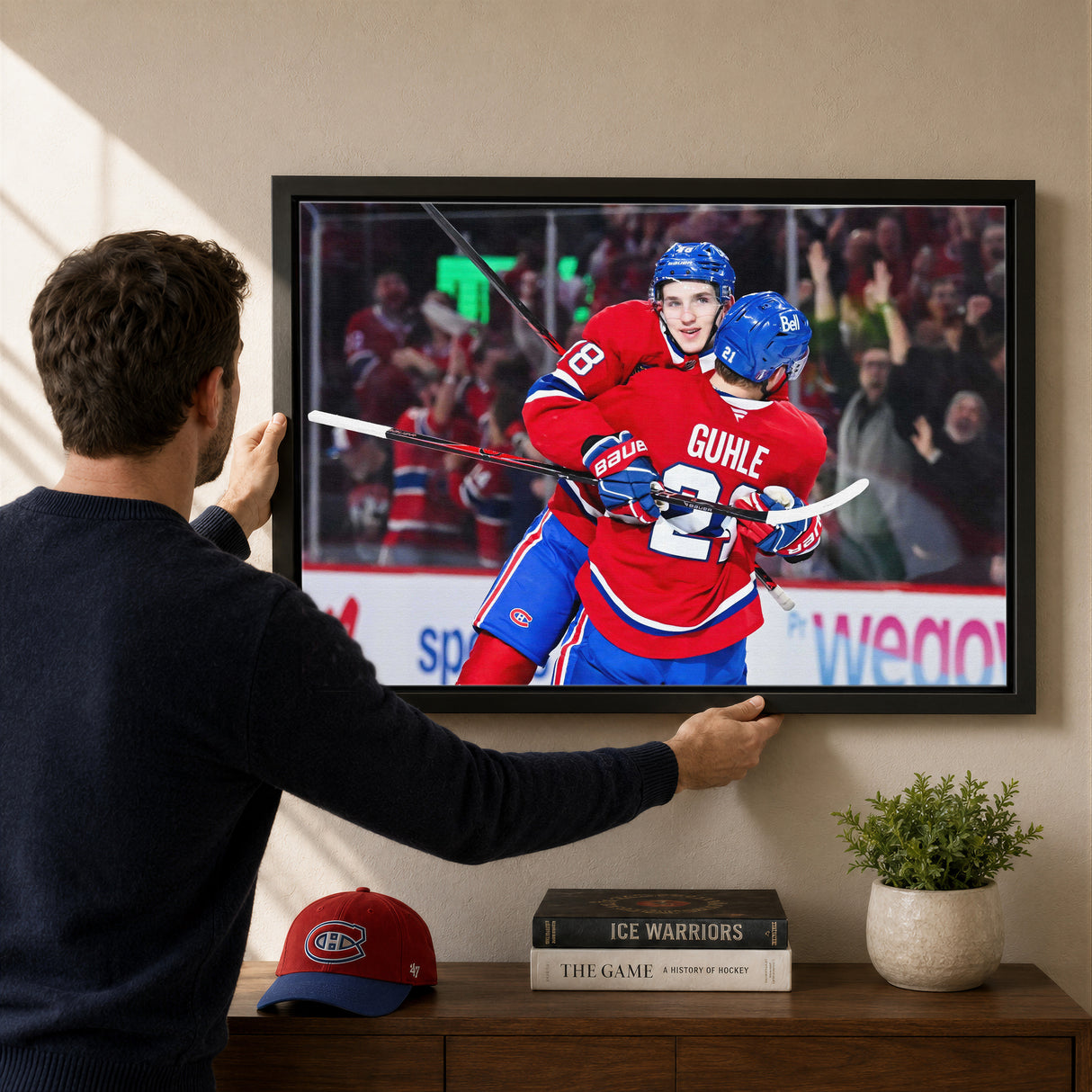 Lane Hutson 20x29 Canvas Framed Montreal Canadiens 2026 NHL Playoffs Overtime Game Winning Goal Celebration - lifestyle 1
