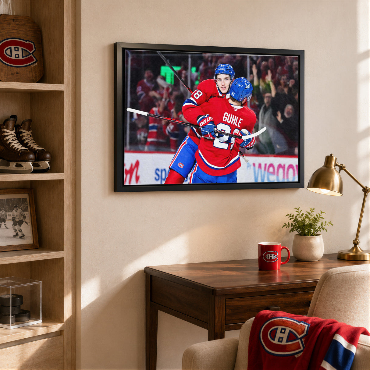 Lane Hutson 20x29 Canvas Framed Montreal Canadiens 2026 NHL Playoffs Overtime Game Winning Goal Celebration - lifestyle 2