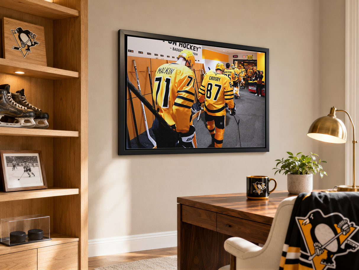 Sidney Crosby and Evgeni Malkin 20x29 Canvas Framed Pittsburgh Penguins 2026 NHL Playoffs Walk out - lifestyle 2