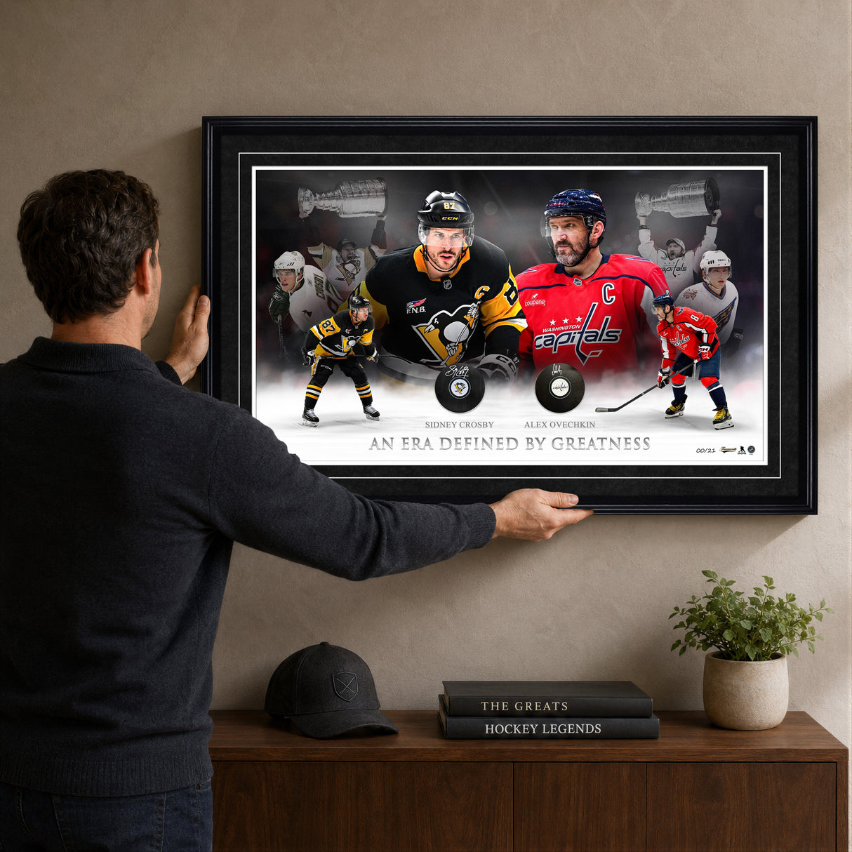 Sidney Crosby and Alex Ovechkin Framed 37x24 Dual Pucks "AN ERA DEFINED BY GREATNESS" (Limited Edition of 21) - lifestyle 1
