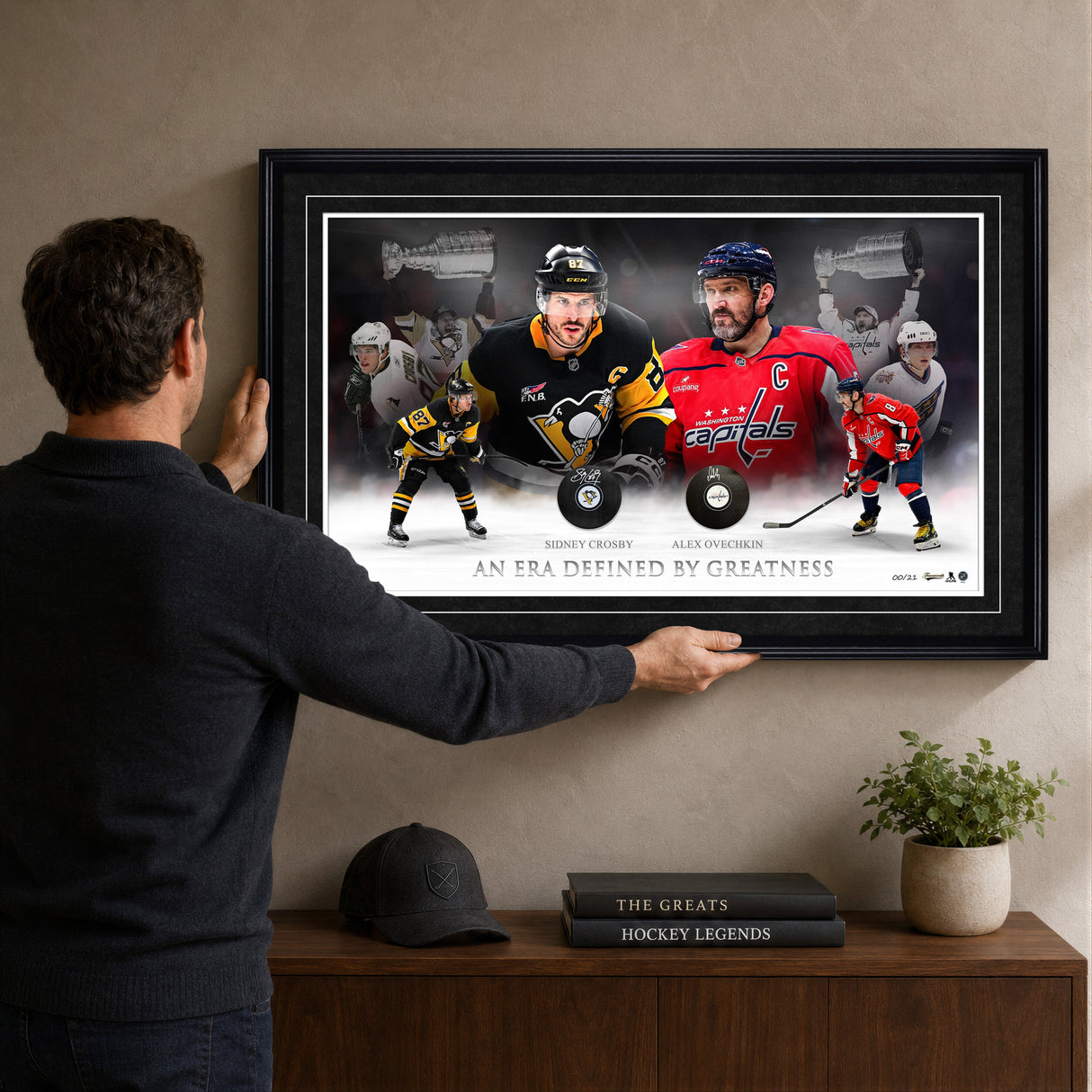 Sidney Crosby and Alex Ovechkin Framed 37x24 Dual Pucks "AN ERA DEFINED BY GREATNESS" (Limited Edition of 21) - lifestyle 1