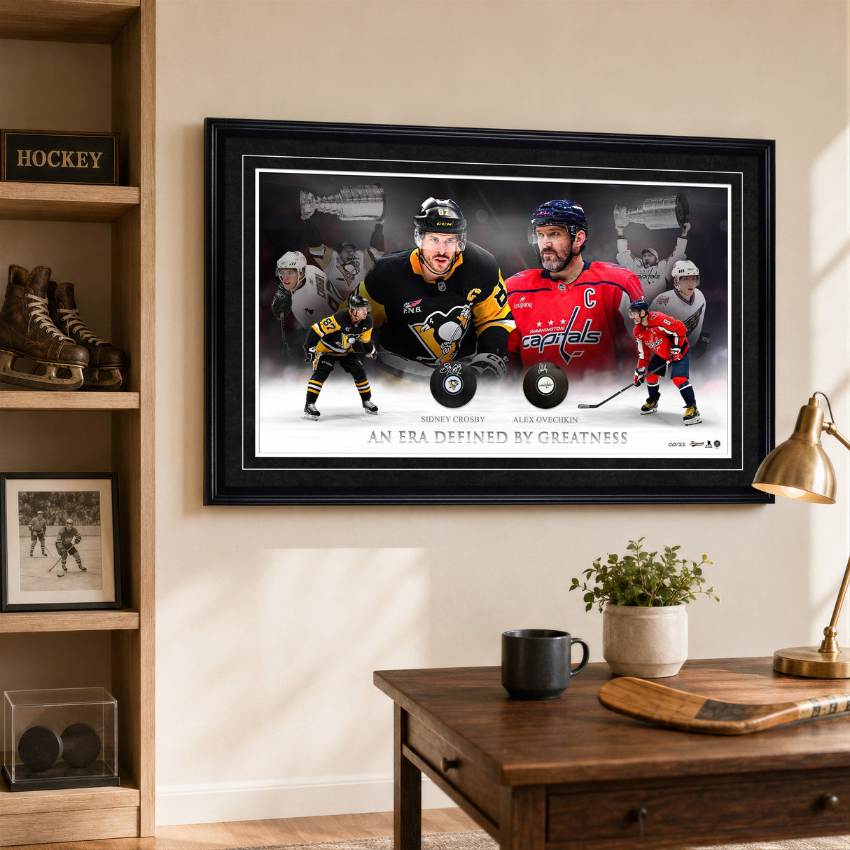 Sidney Crosby and Alex Ovechkin Framed 37x24 Dual Pucks "AN ERA DEFINED BY GREATNESS" (Limited Edition of 21) - lifestyle 2