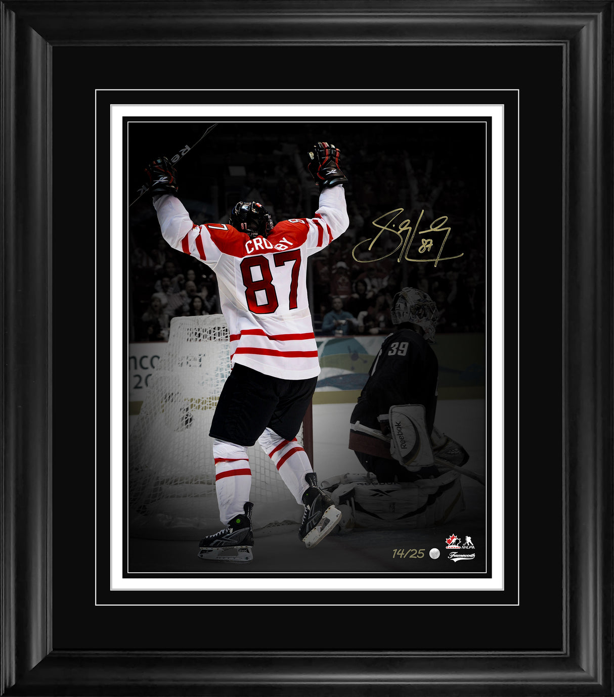 Sidney Crosby Signed 16x20 Print Framed Team Canada 2010 Olympics Golden Goal Celebration Spotlight Edition (Limited Edition of 25)