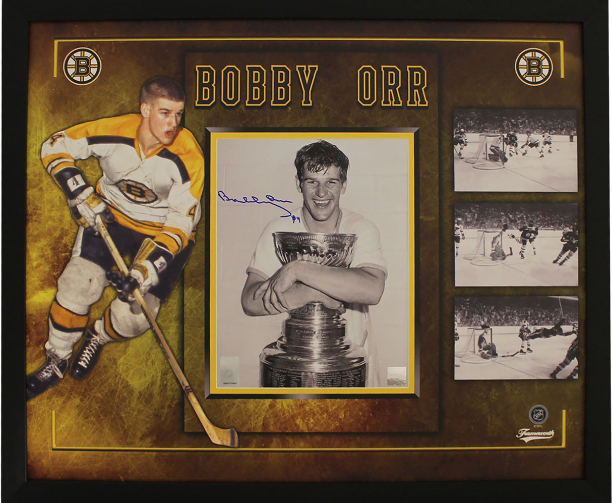 Bobby Orr Signed Framed Collage Hugging Stanley Cup