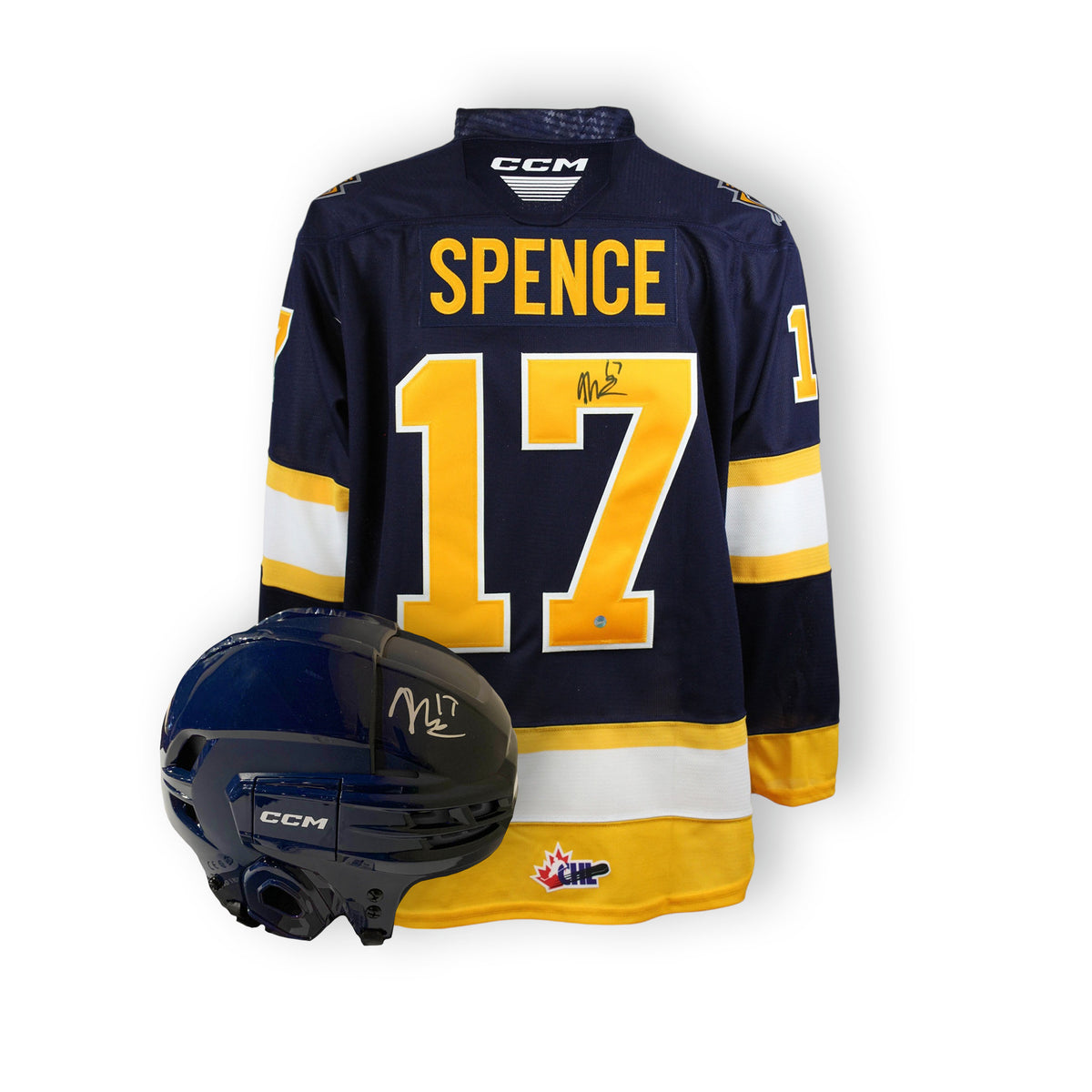 Malcolm Spence Erie Otters Navy Set - Ccm Replica Jersey & Signed Helm 