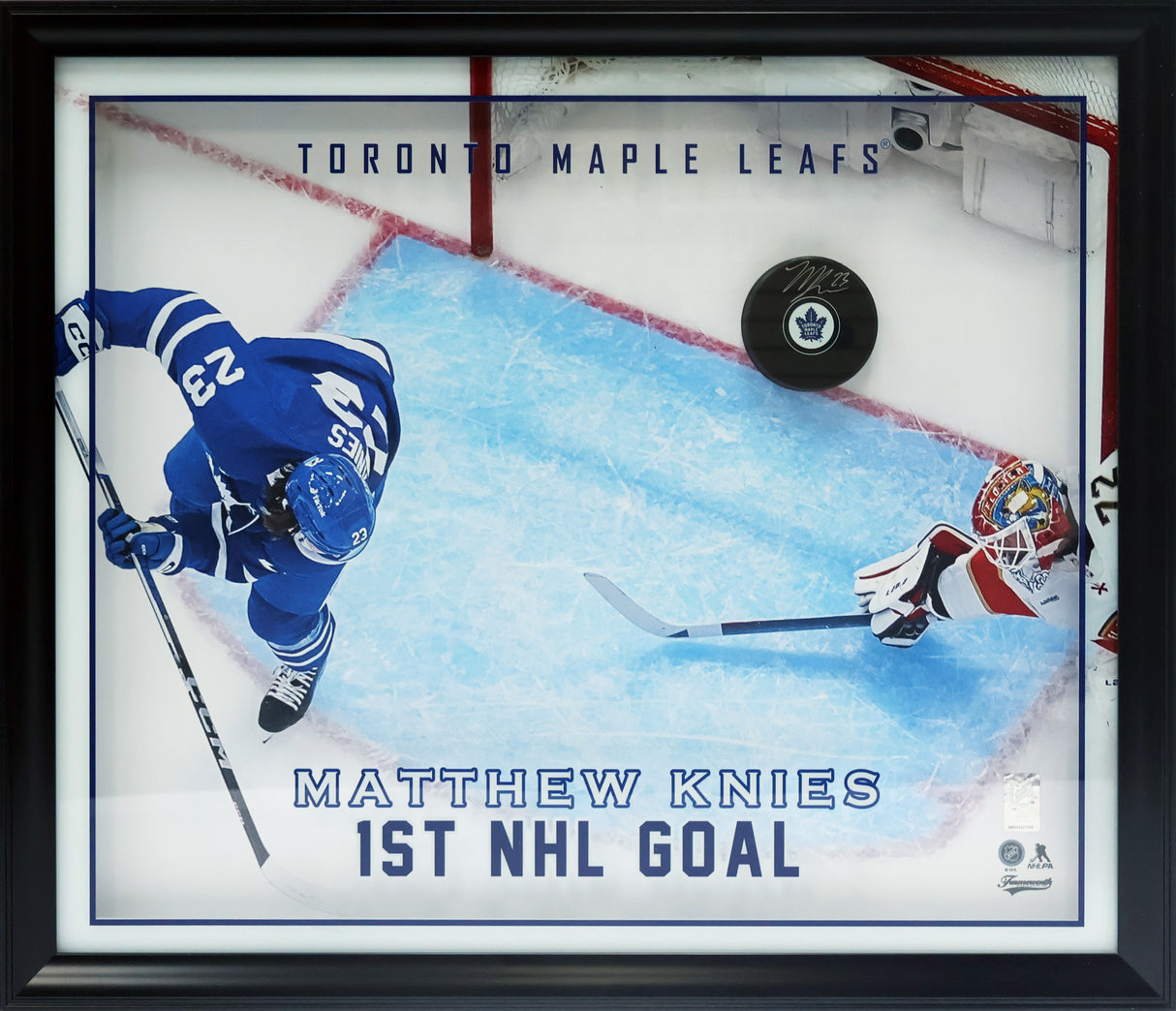 Matthew Knies Signed Framed Puck Toronto Maple Leafs Deluxe PhotoGlass