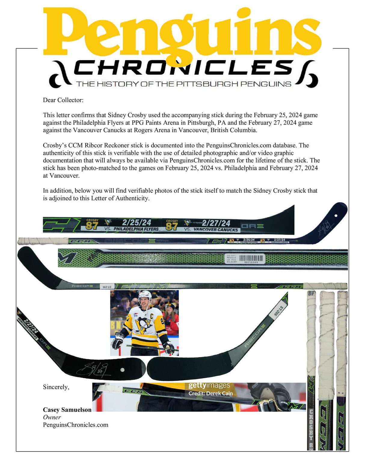 Sidney Crosby Signed Pittsburgh Penguins Multi-Game Used Stick vs Philadelphia Flyers (2/25/24) and Vancouver Canucks (2/27/24) (ST-206)