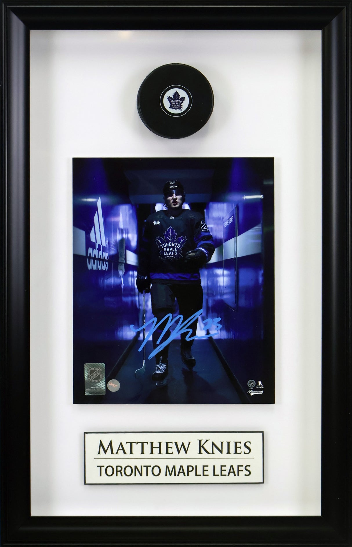Matthew Knies Signed Framed 8x10 Toronto Maple Leafs Deluxe PhotoGlass with the puck