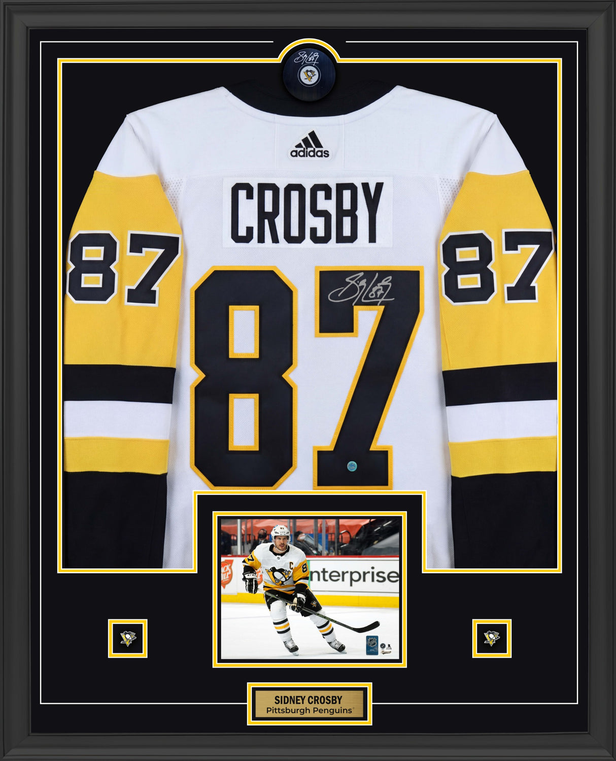 Sidney Crosby Signed Pittsburgh Penguins Framed 34x42 Away Adidas Authentic Jersey with Signed Puck - AUCTION