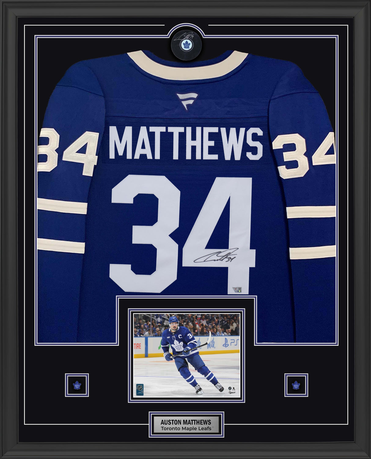 Auston Matthews Signed Toronto Maple Leafs Framed 34x42 Home Fanatics Premium Jersey with Signed Puck - AUCTION