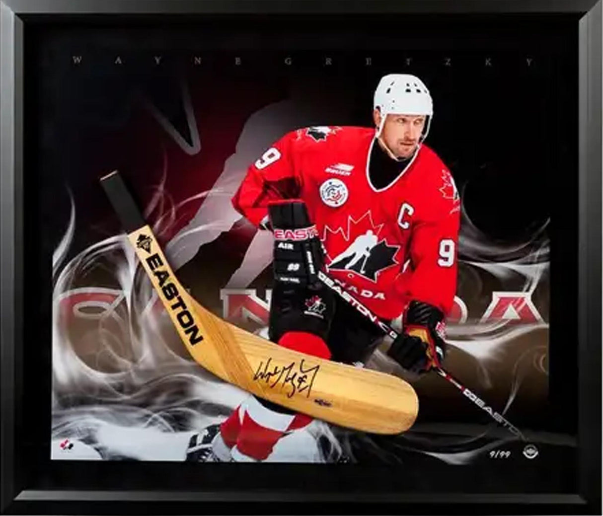 Shadow box with artistic stick blade overlay and dramatic gradient background in black frame